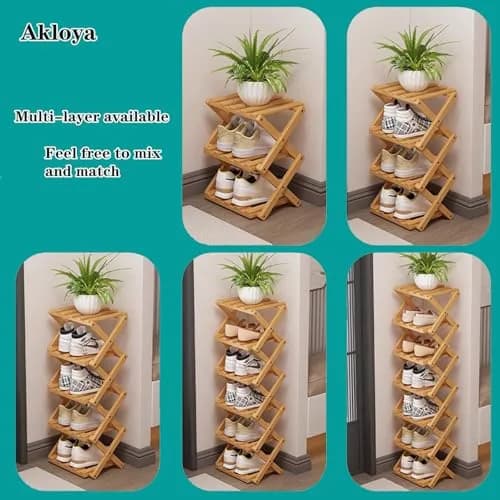 Akloya 3-Tier Folding Shoe Rack 27cm x 26cm x 39cm | Natural Bamboo, Space-Saving Design thumbnail 6