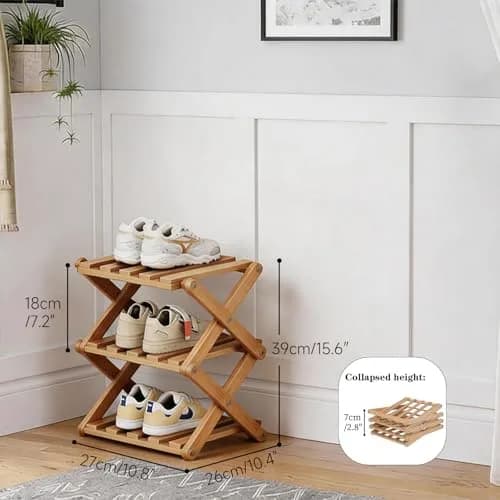 Akloya 3-Tier Folding Shoe Rack 27cm x 26cm x 39cm | Natural Bamboo, Space-Saving Design thumbnail 2