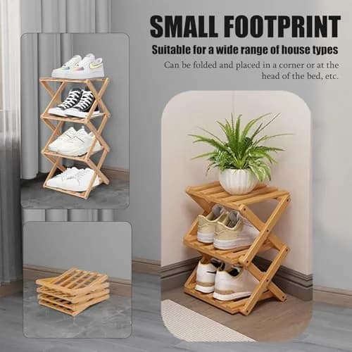 Akloya 3-Tier Folding Shoe Rack 27cm x 26cm x 39cm | Natural Bamboo, Space-Saving Design thumbnail 3