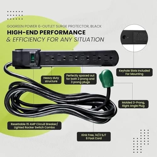 Power By GoGreen 6 Outlet Surge Protector 6ft Cord | Heavy Duty 250 Joules, Wall Mountable, Black thumbnail 5