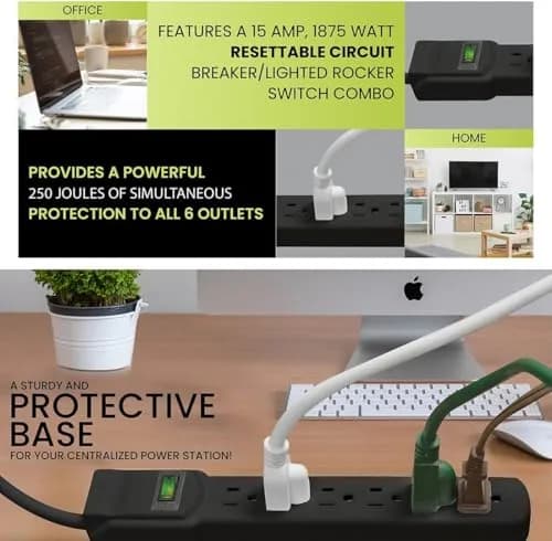 Power By GoGreen 6 Outlet Surge Protector 6ft Cord | Heavy Duty 250 Joules, Wall Mountable, Black thumbnail 7