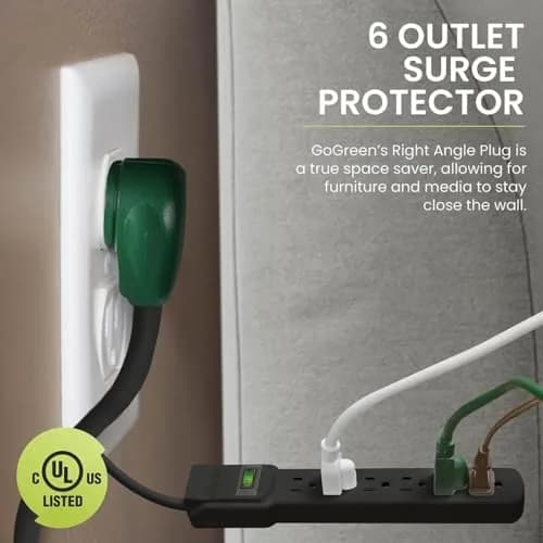 Power By GoGreen 6 Outlet Surge Protector 6ft Cord | Heavy Duty 250 Joules, Wall Mountable, Black thumbnail 3