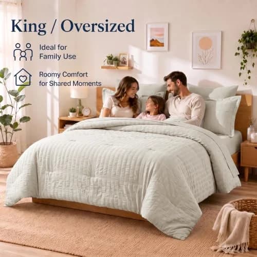 CozyLux Oversized King Comforter Set 120x98 in (305x249 cm), 7-Piece Beige Seersucker Bedding Set | OEKO-TEX Certified thumbnail 6