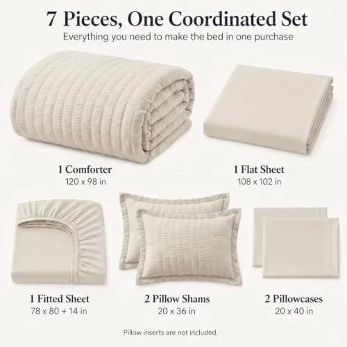 CozyLux Oversized King Comforter Set 120x98 in (305x249 cm), 7-Piece Beige Seersucker Bedding Set | OEKO-TEX Certified thumbnail 2