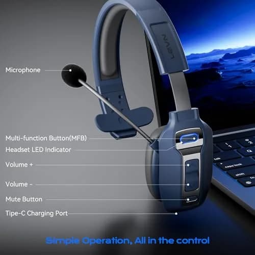 LEVN Bluetooth Headset with Microphone | 60 Hrs Battery, AI Noise Cancelling, On-Ear Wireless Headphones for Trucker & Office thumbnail 6