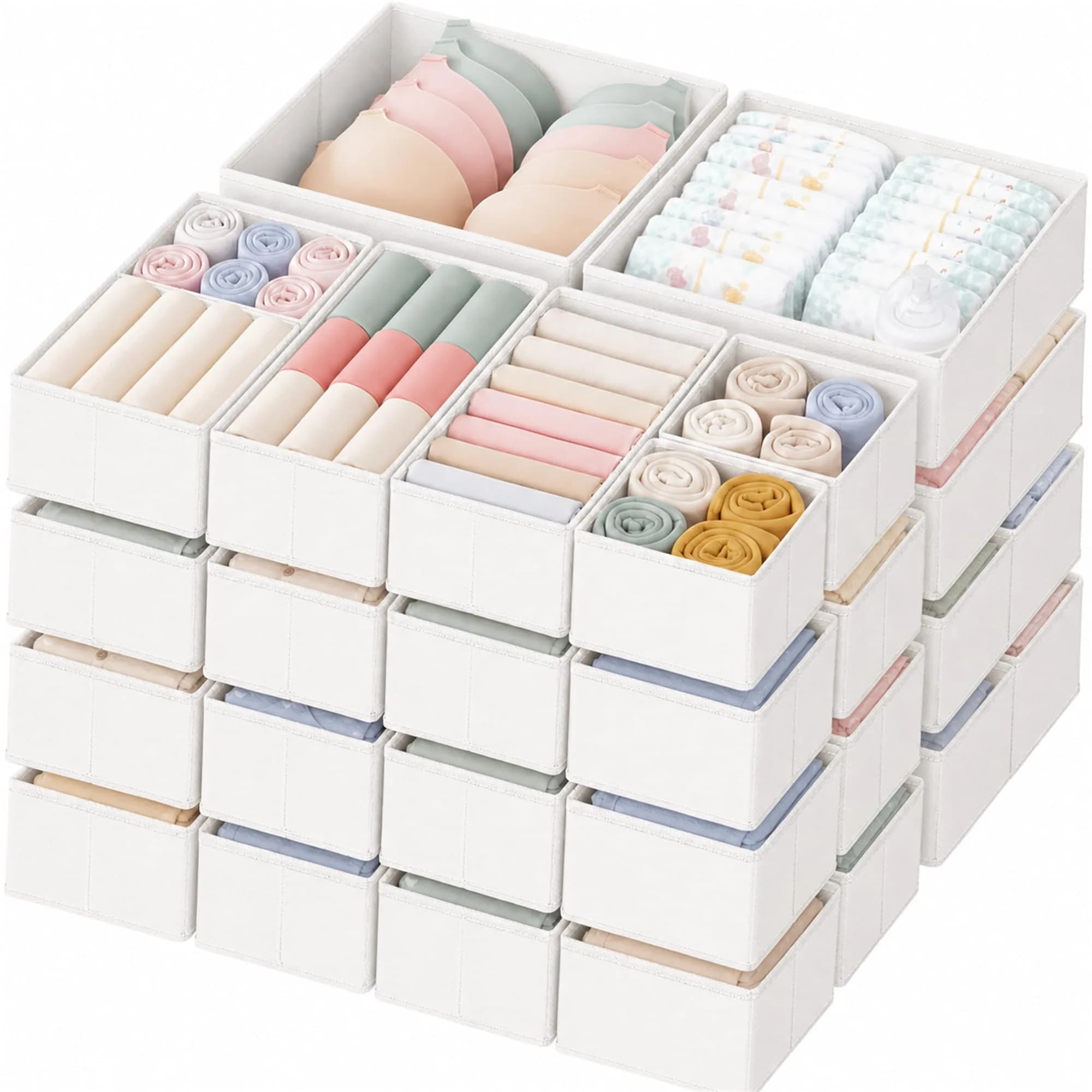 Criusia 24 Pack Drawer Organizer Bins for Baby Clothes, Underwear, Socks | 28cm (11") x 11cm (11") x 10cm (4") White
