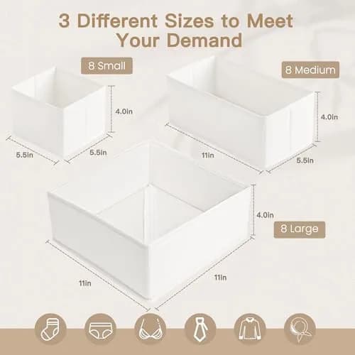 Criusia 24 Pack Drawer Organizer Bins for Baby Clothes, Underwear, Socks | 28cm (11") x 11cm (11") x 10cm (4") White thumbnail 3
