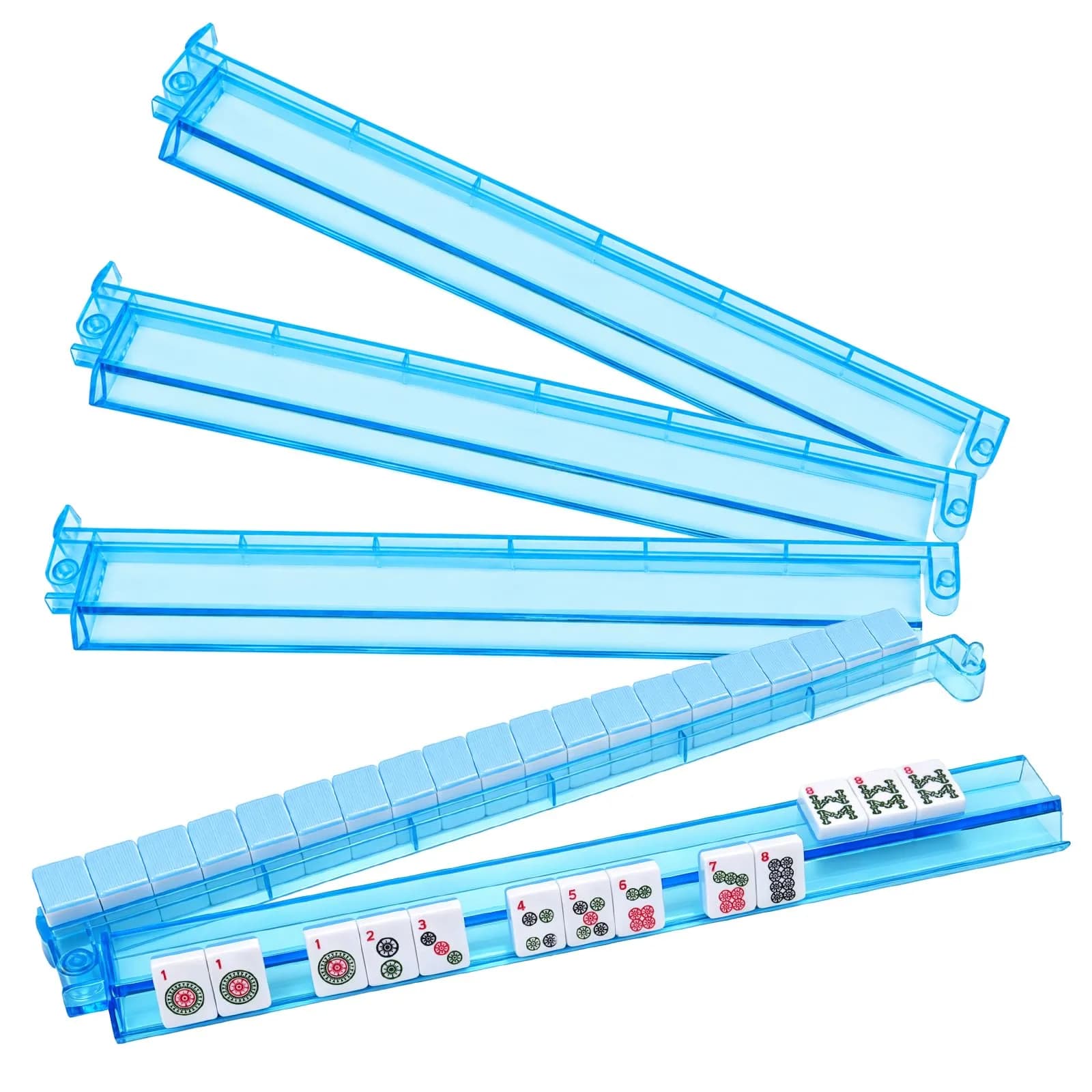 CAYOULR Colourful Mahjong Racks with Pushers Set of 4 | Acrylic Holders for Tabletop Games — Blue