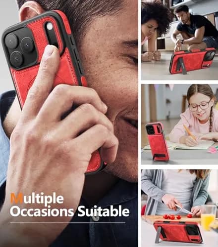 WTCASE Magnetic for iPhone 17 Pro Leather Case | Slim Protective Leather Cover with Built-in Kickstand, MagSafe Compatible, Red thumbnail 8