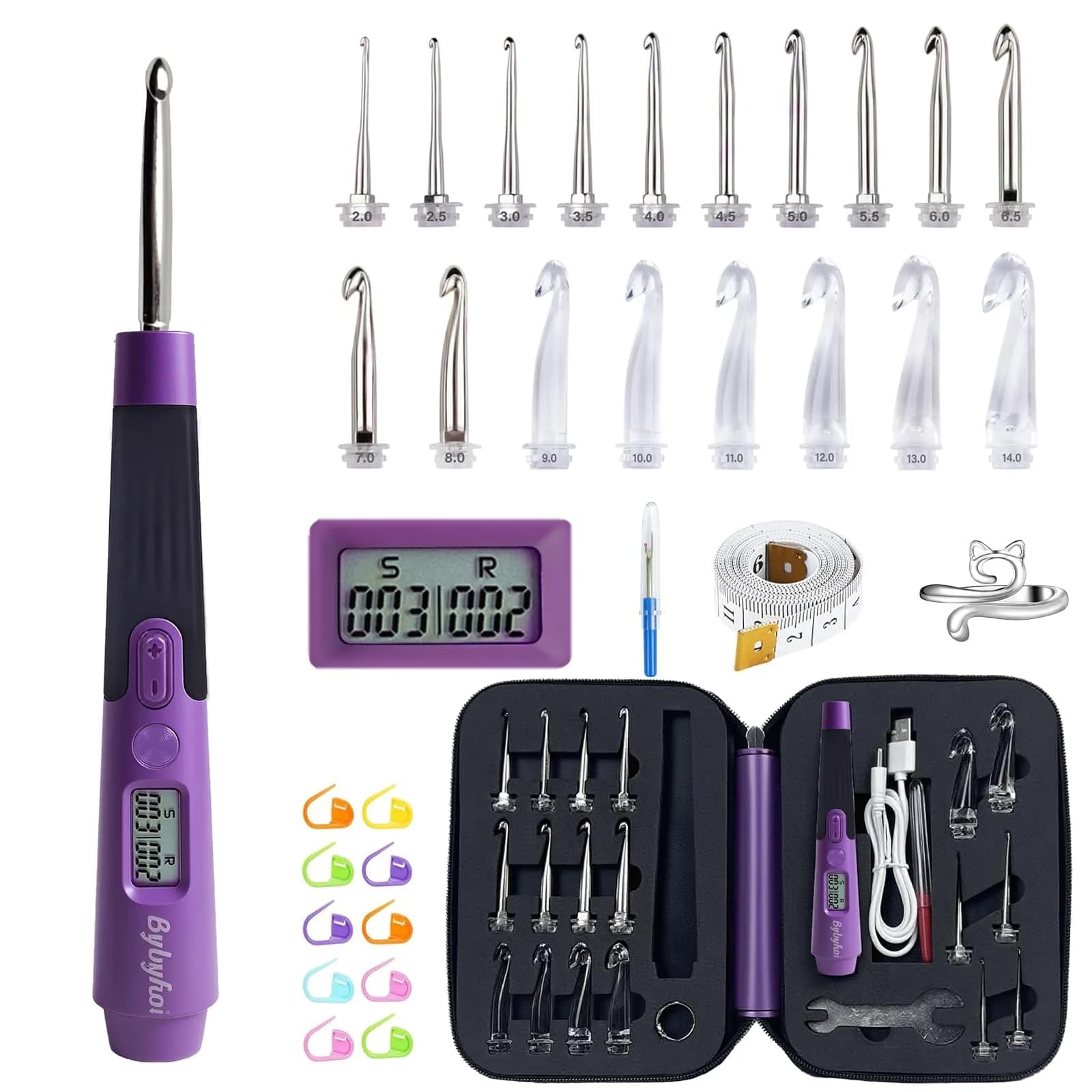 Bybykoi Light Up Crochet Hooks Set with Digital Counter & 24 Interchangeable Hooks | 2.0-14.0 mm (Metric Conversion) — Purple - Count 18 Size