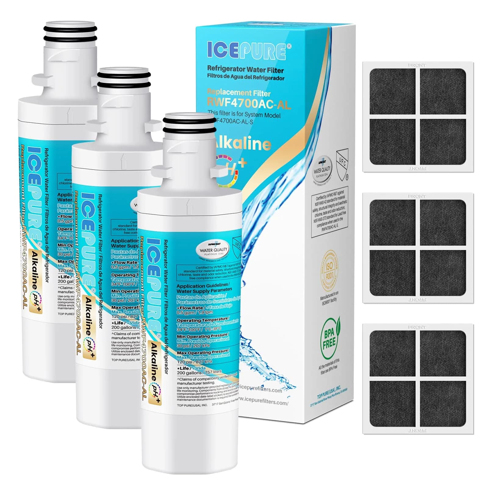 ICEPURE Alkaline LT1000PC Refrigerator Water Filter & Air Filter 3-Pack | Balances pH, Filters 200 Gallons — 3+
