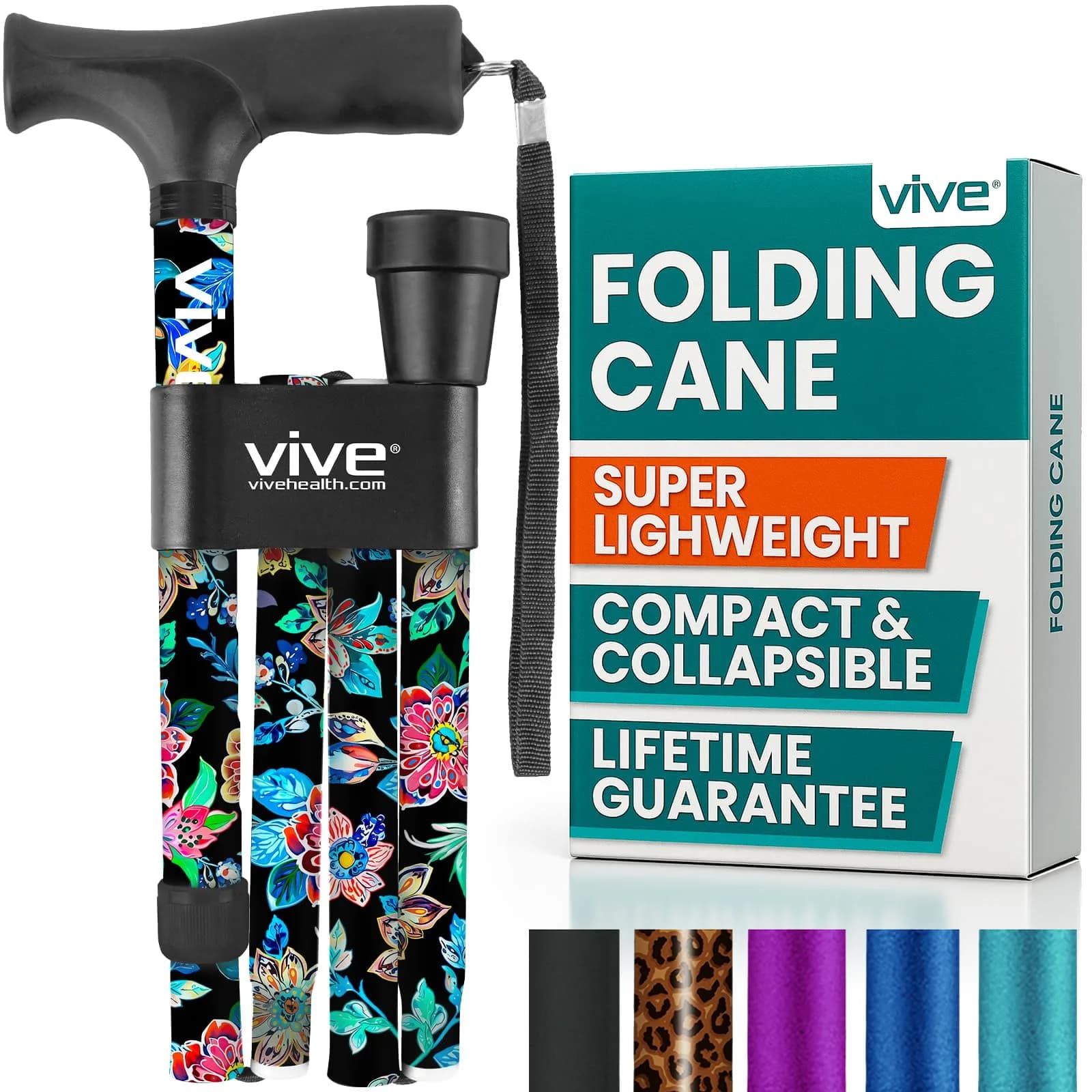Vive Folding Cane - Adjustable Walking Stick with Ergonomic Grip & Non-Slip Tip, 33"-37" (Neon Flower)