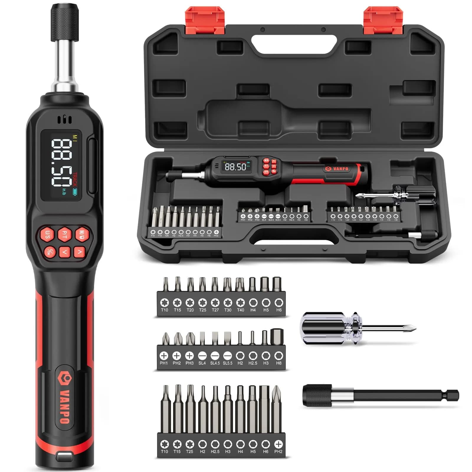VANPO Digital Torque Screwdriver 0.3-6 Nm (2.66-53.10 in-lb) | ±2% Accuracy, 1/4" Drive — 4.42-88.5 in.lb / 31 Piece
