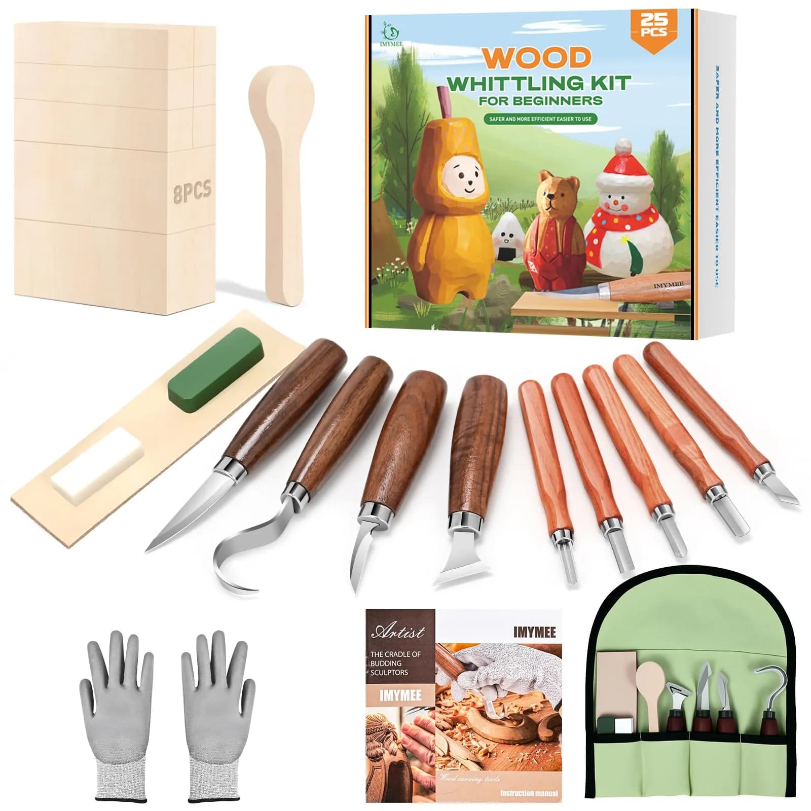 IMYMEE Wood Whittling Kit for Beginners - 25-Piece Set with Basswood Blocks & Carving Tools | Walnut Handles