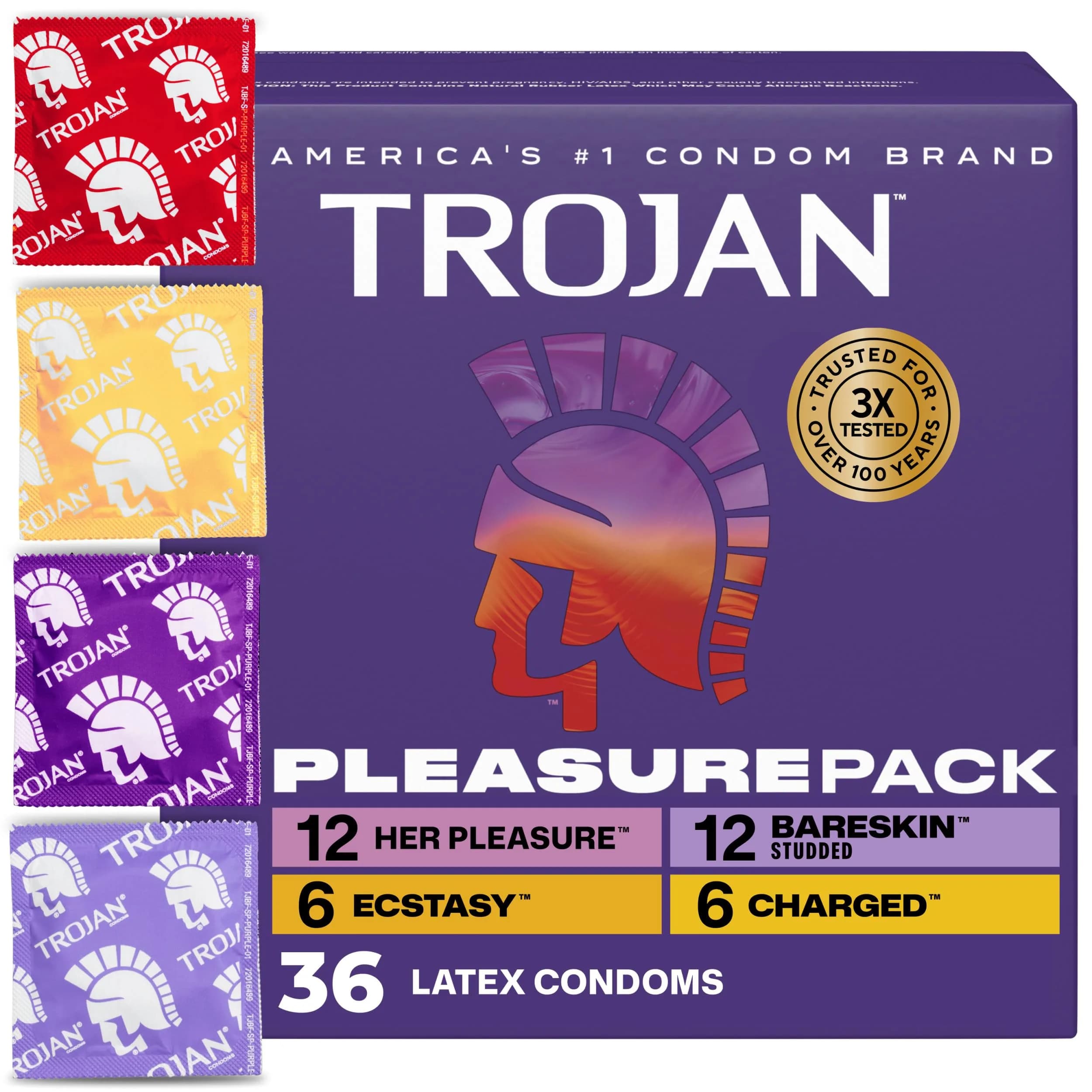 Trojan Pleasure Pack Assorted Latex Lubricated Condoms 36 Count | Variety for Intense Pleasure