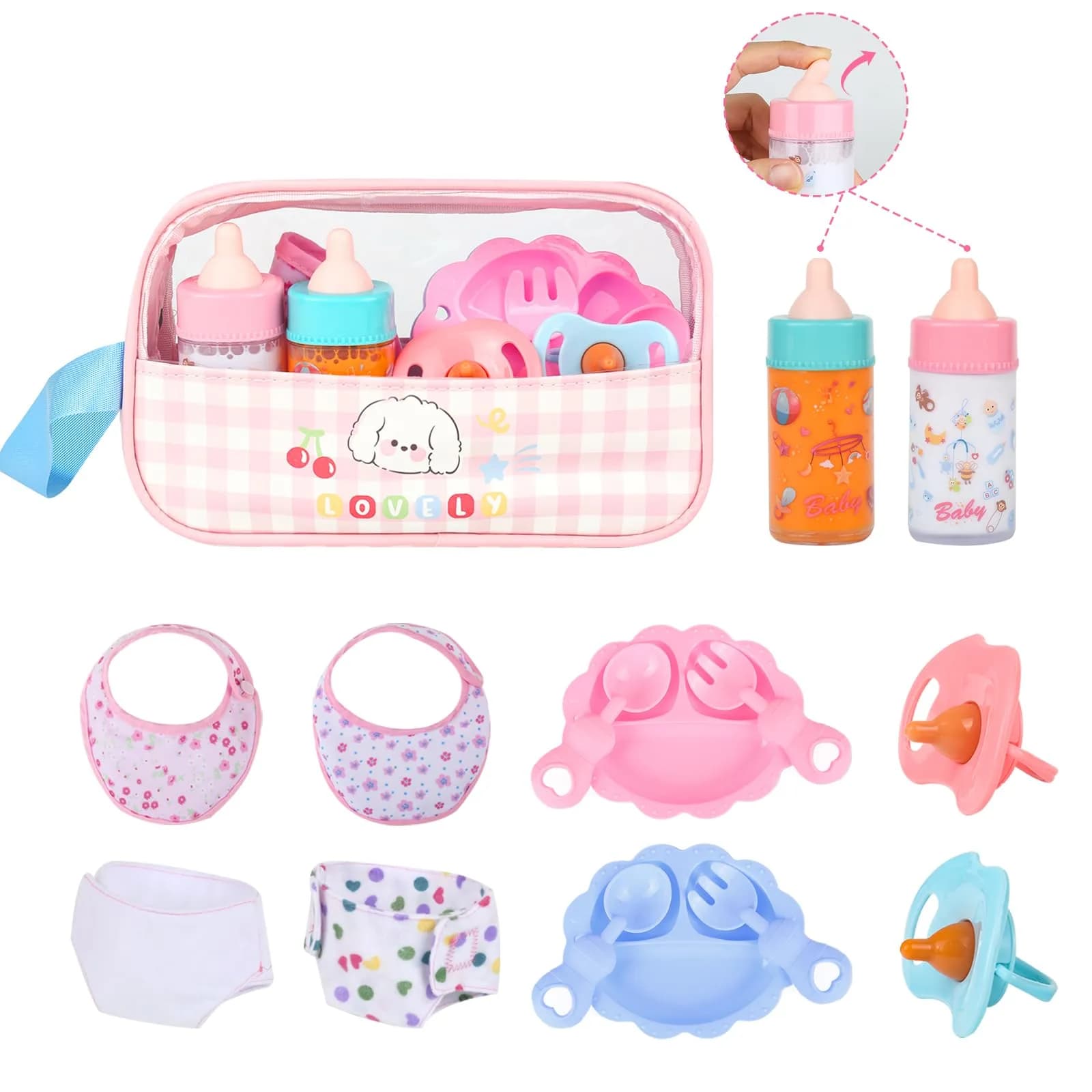 CARANOVO Baby Doll Feeding & Caring Set, 7-Piece Kit for 10-17 Inch Dolls, Pink - main product image