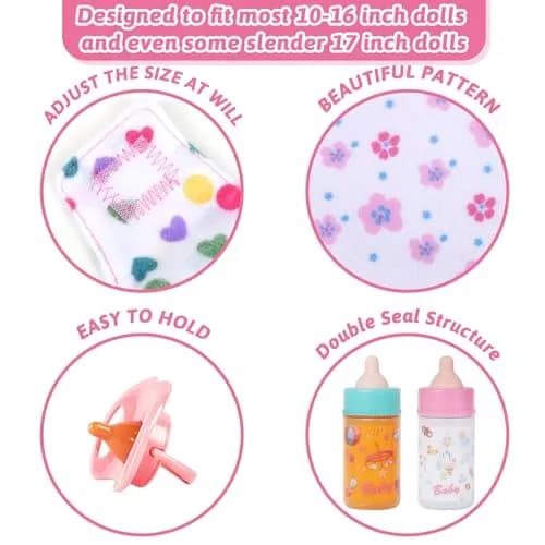 CARANOVO Baby Doll Feeding & Caring Set, 7-Piece Kit for 10-17 Inch Dolls, Pink thumbnail 2