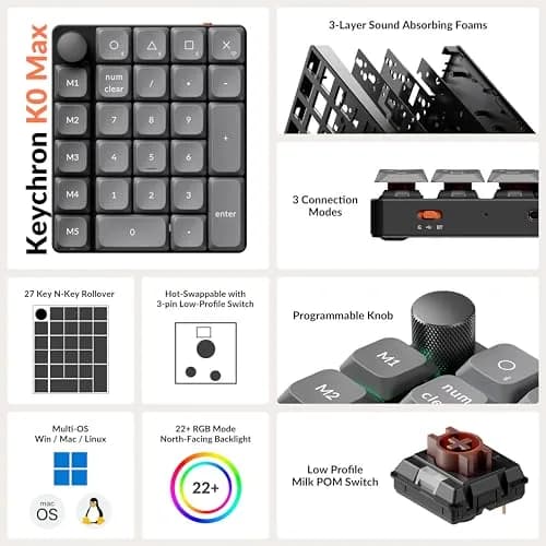 Keychron K0 Max Wireless Low-Profile Numeric Pad with RGB & Bluetooth 5.3 | Programmable, Hot-Swappable Brown Switch, 27 Keys thumbnail 3