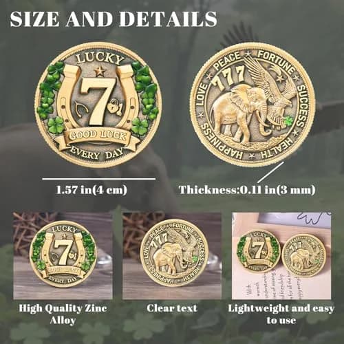 LParkin Lucky Coin Charm 1.57 inches | Four Leaf Clover & Elephant Prosperity Token thumbnail 5