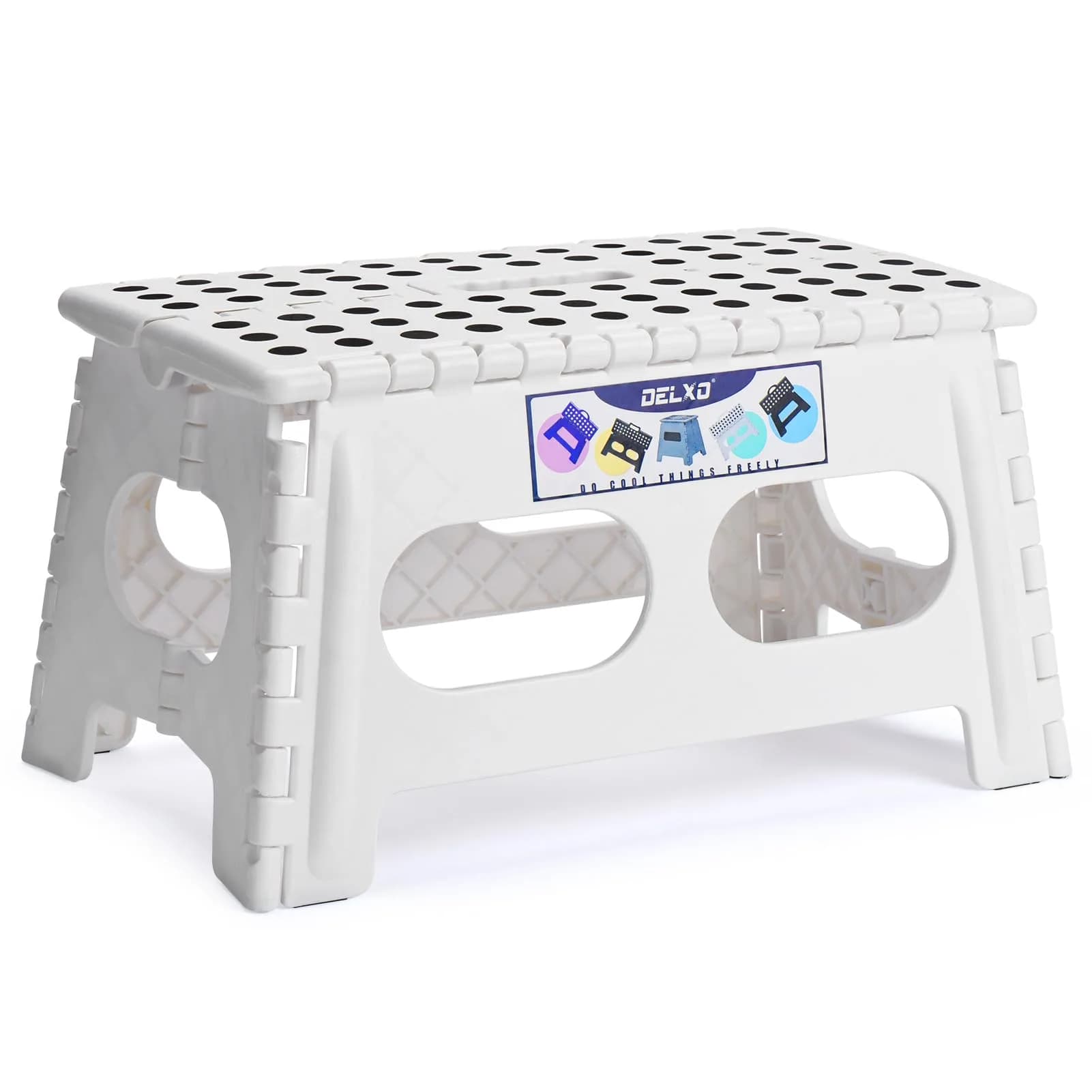 Delxo Folding Step Stool 13 Inch (33 cm) | Heavy Duty 300 lbs (136 kg) Capacity, Red — Widen White