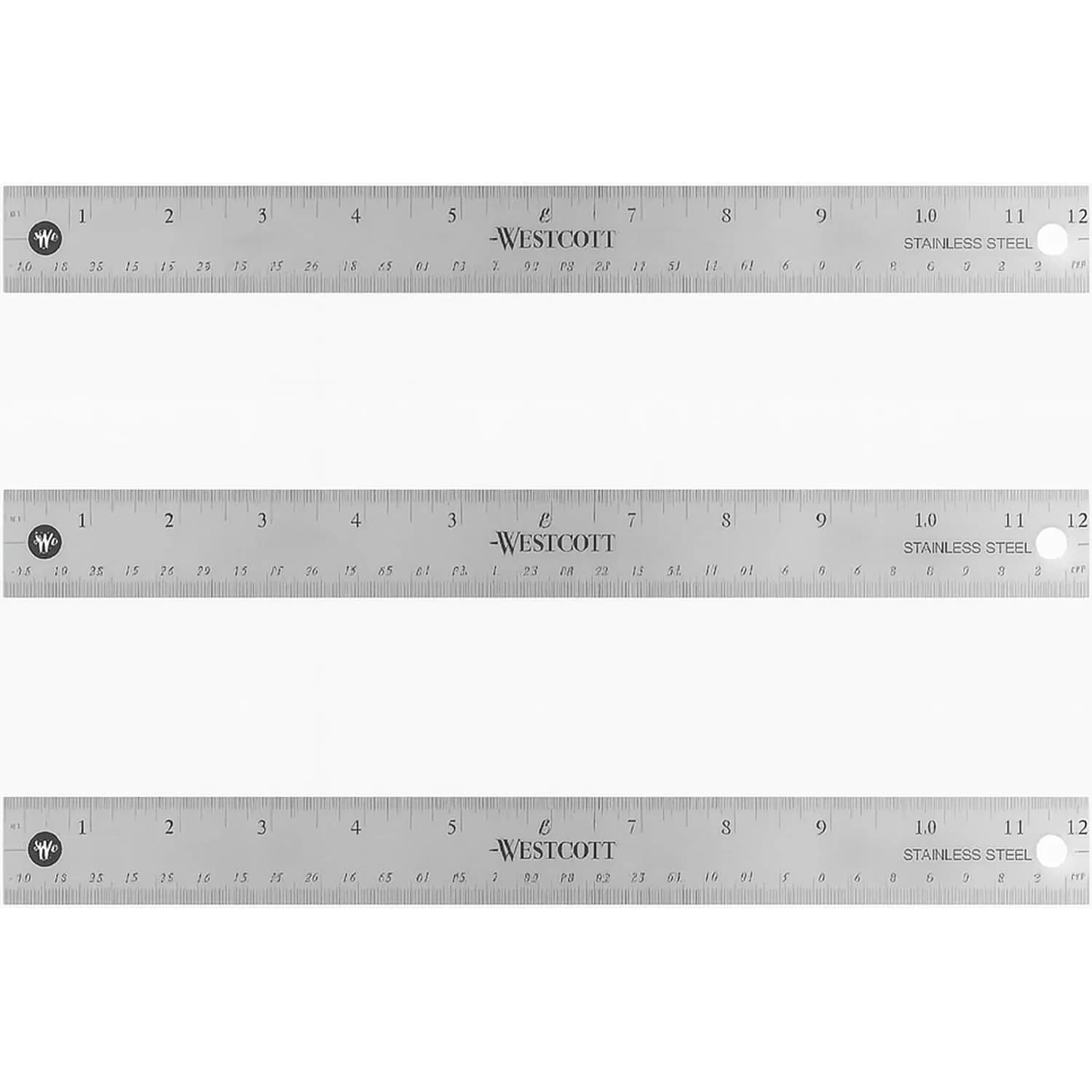 Westcott Stainless Steel Ruler Set with Non-Slip Cork Backing, Easy to Read Etched Markings, Flexible and Sturdy Design, for Crafting, Office, Classroom, Back to School Supplies, 12-Inch, 3 Pack - main product image