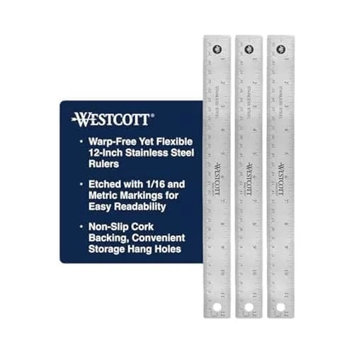 Westcott Stainless Steel Ruler Set with Non-Slip Cork Backing, Easy to Read Etched Markings, Flexible and Sturdy Design, for Crafting, Office, Classroom, Back to School Supplies, 12-Inch, 3 Pack thumbnail 2