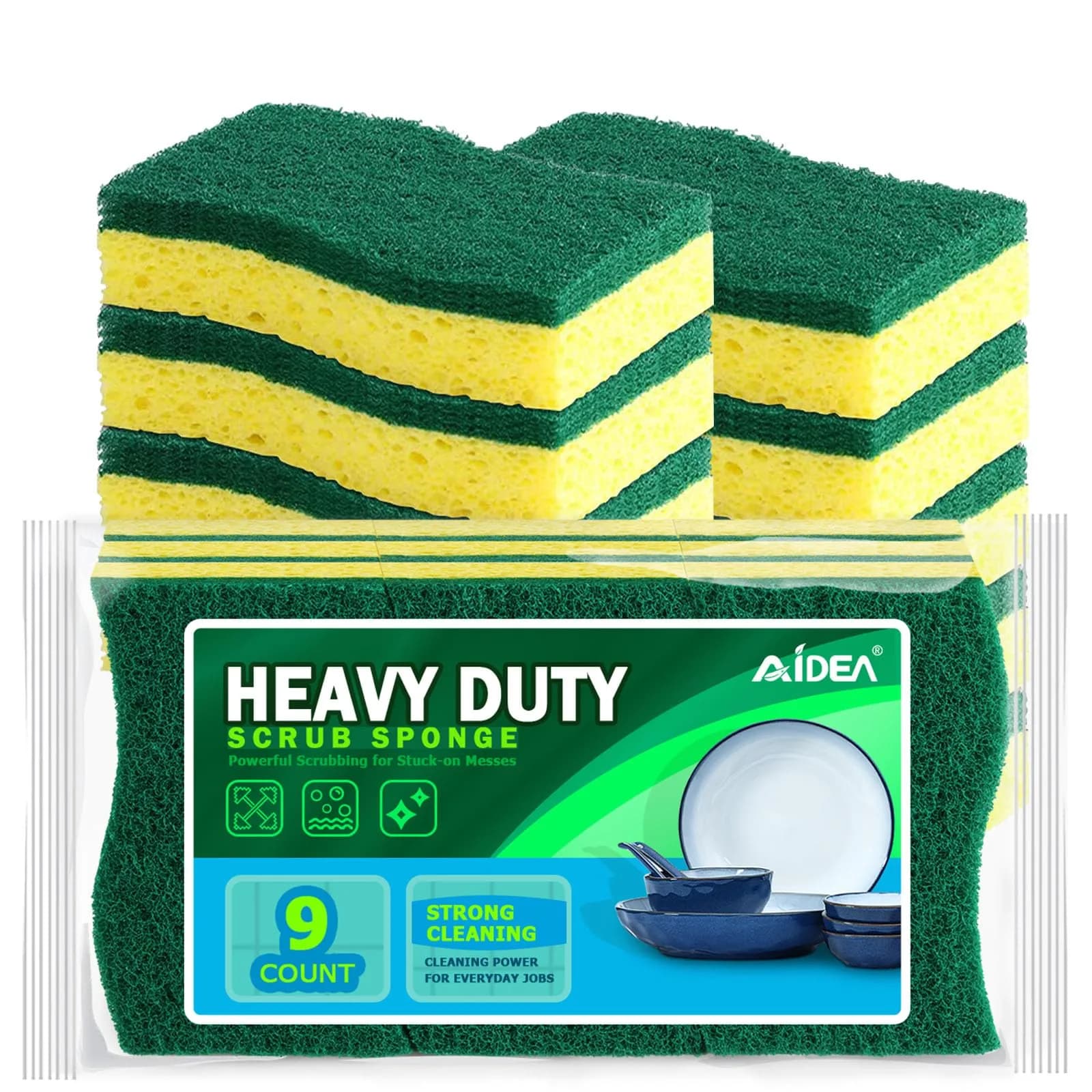 AIDEA Kitchen Sponges, 9-Count Pack | Heavy-Duty Scrub Sponge with Dual-Sided Cleaning