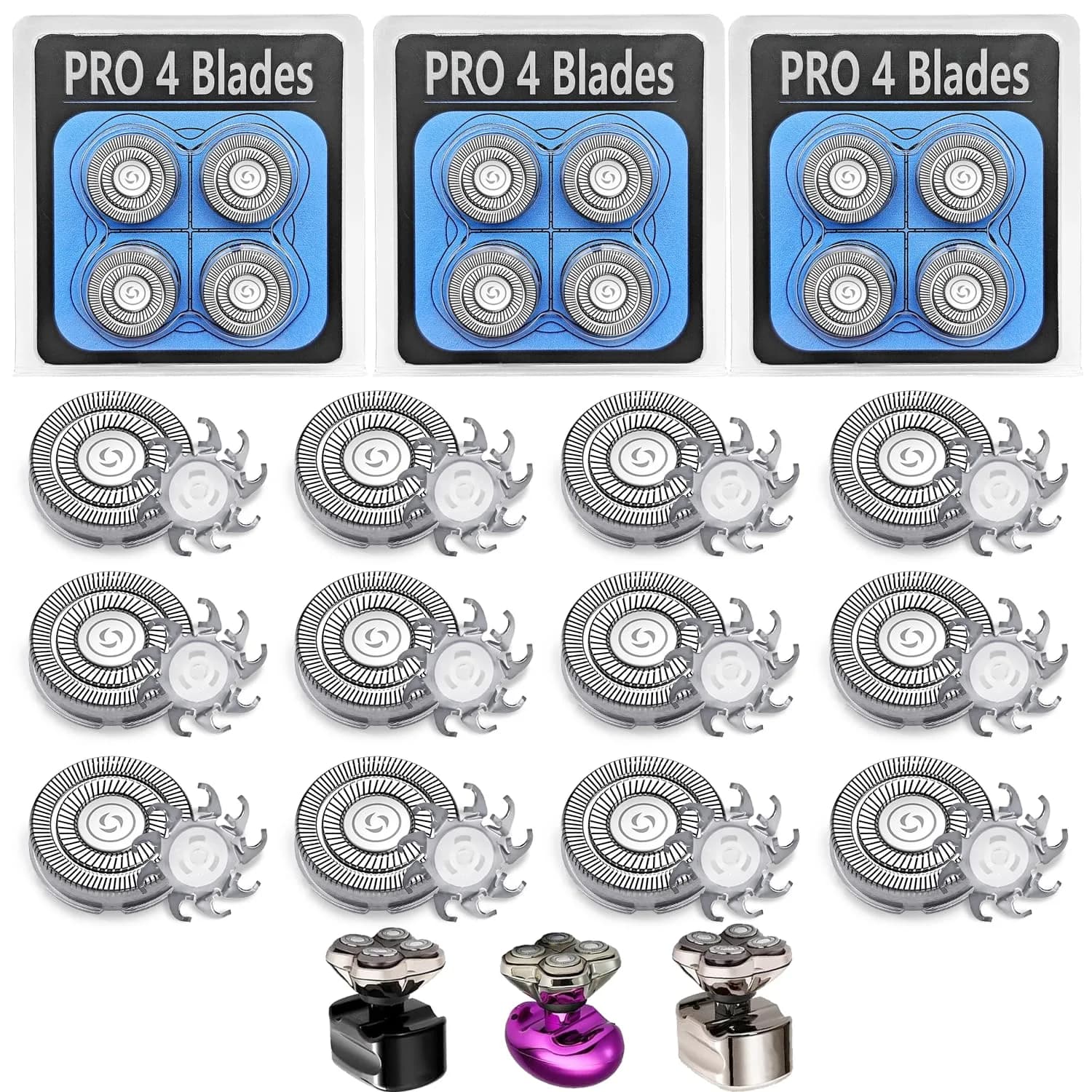 VODOZAVA Pro 4 Shaver Replacement Heads for Skull | Self-Sharpening, Wet & Dry, 4-Head Set — Silver