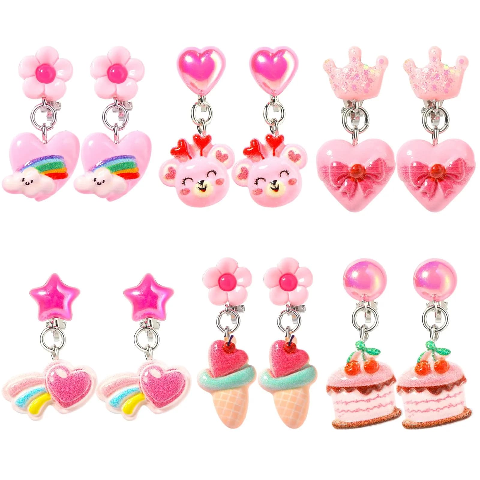 PinkSheep Unicorn Clip On Earrings for Little Girls, 6 Pairs | Non-Pierced, Safe & Durable — Pink Heart