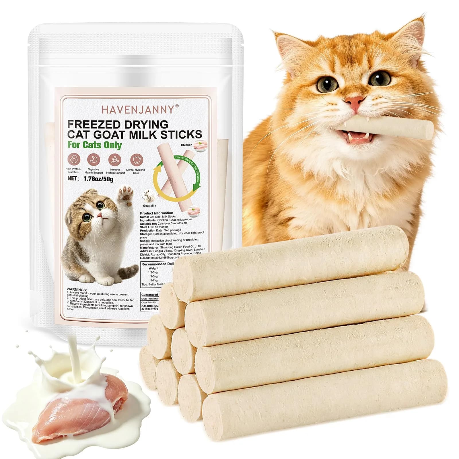 HavenJanny Cat Grass Teething Stick with Chicken 50g (1.76 oz) | Hairball Control & Dental Health — Goat Milk Chicken / 50g