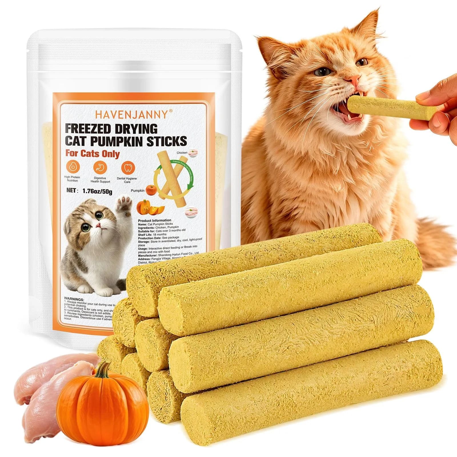 HavenJanny Cat Grass Teething Stick with Chicken 50g (1.76 oz) | Hairball Control & Dental Health — Pumpkin Chicken / 50g