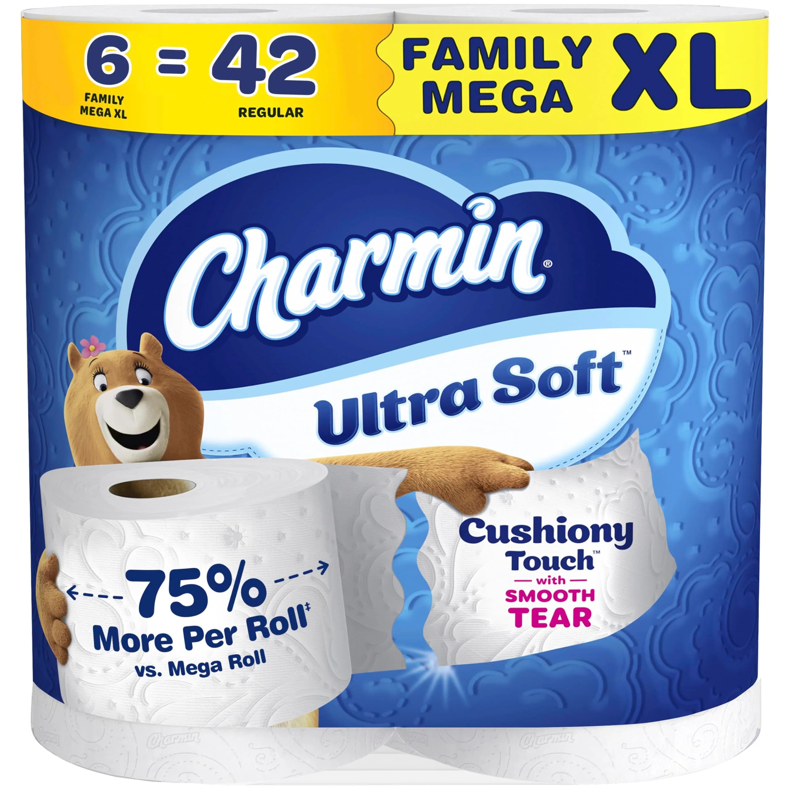 Charmin Ultra Soft Cushiony Touch Toilet Paper, 6 Family Mega XL Rolls (2184 Sheets Total) | 2X More Absorbent