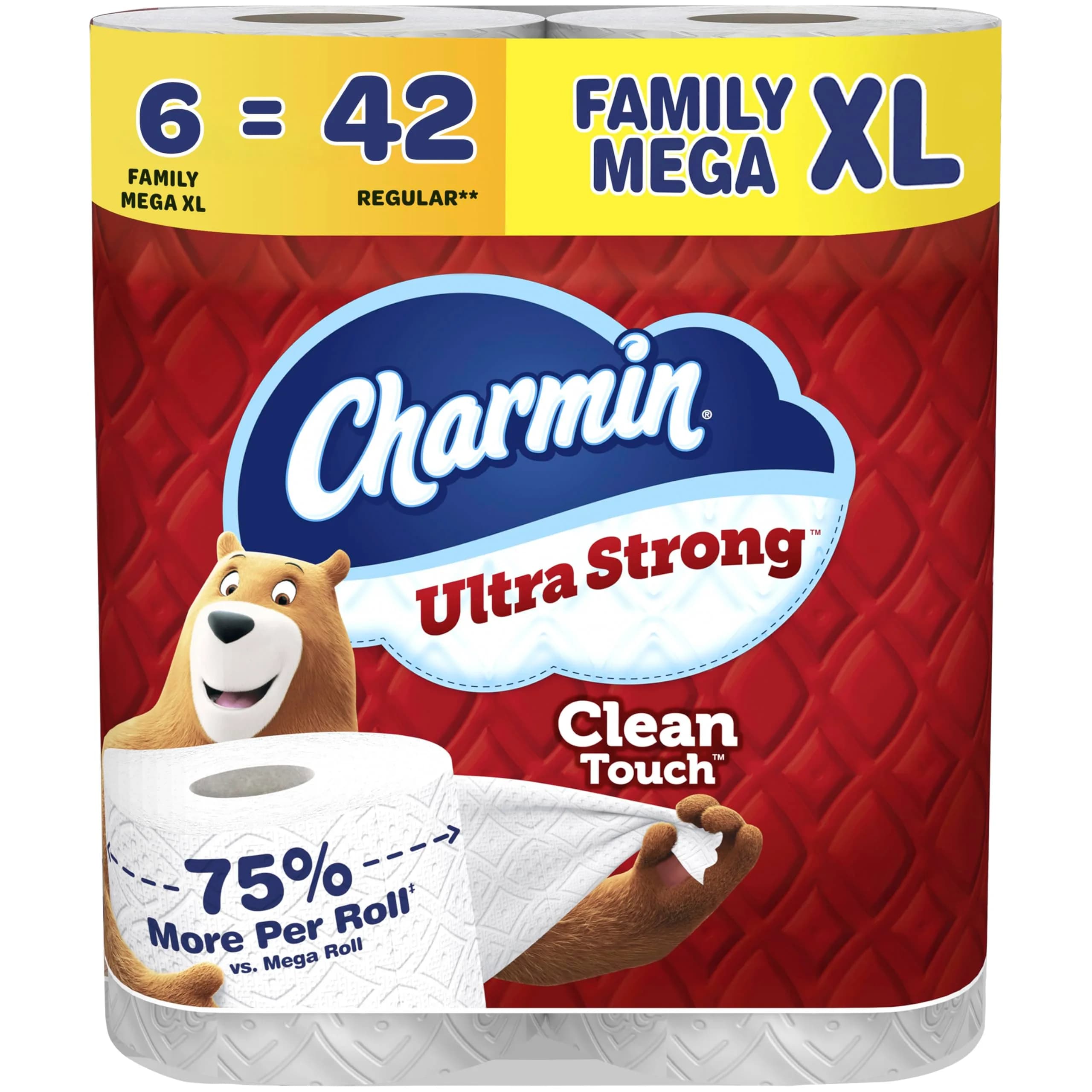 Charmin Ultra Strong Clean Touch Toilet Paper, 12 Family Mega XL Rolls (4620 Sheets Total) | 2-Ply, Clog-Safe, Septic-Safe — 6 Rolls (385 Sheets) / Family Mega XL
