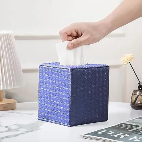 SUNYUROU Blue Square Tissue Box Cover | Modern PU Fabric & Wood Holder for Bathroom Countertop thumbnail 1