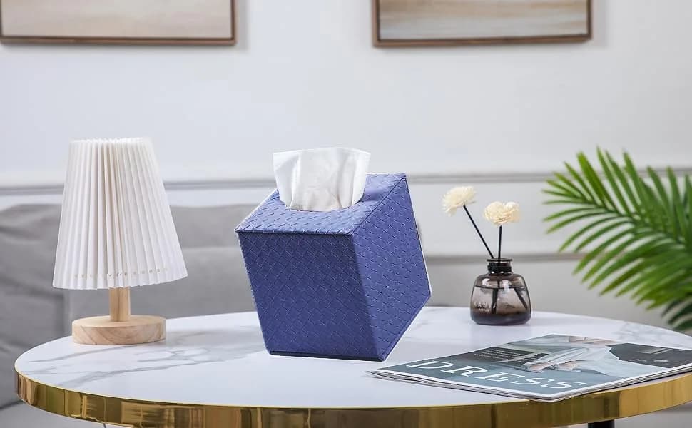 SUNYUROU Blue Square Tissue Box Cover | Modern PU Fabric & Wood Holder for Bathroom Countertop thumbnail 9