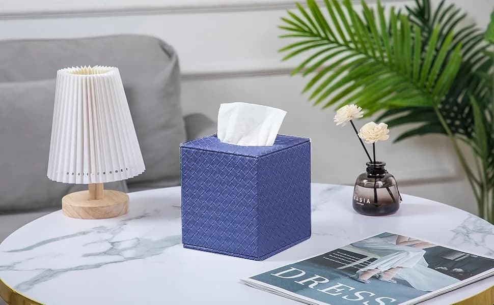 SUNYUROU Blue Square Tissue Box Cover | Modern PU Fabric & Wood Holder for Bathroom Countertop thumbnail 7