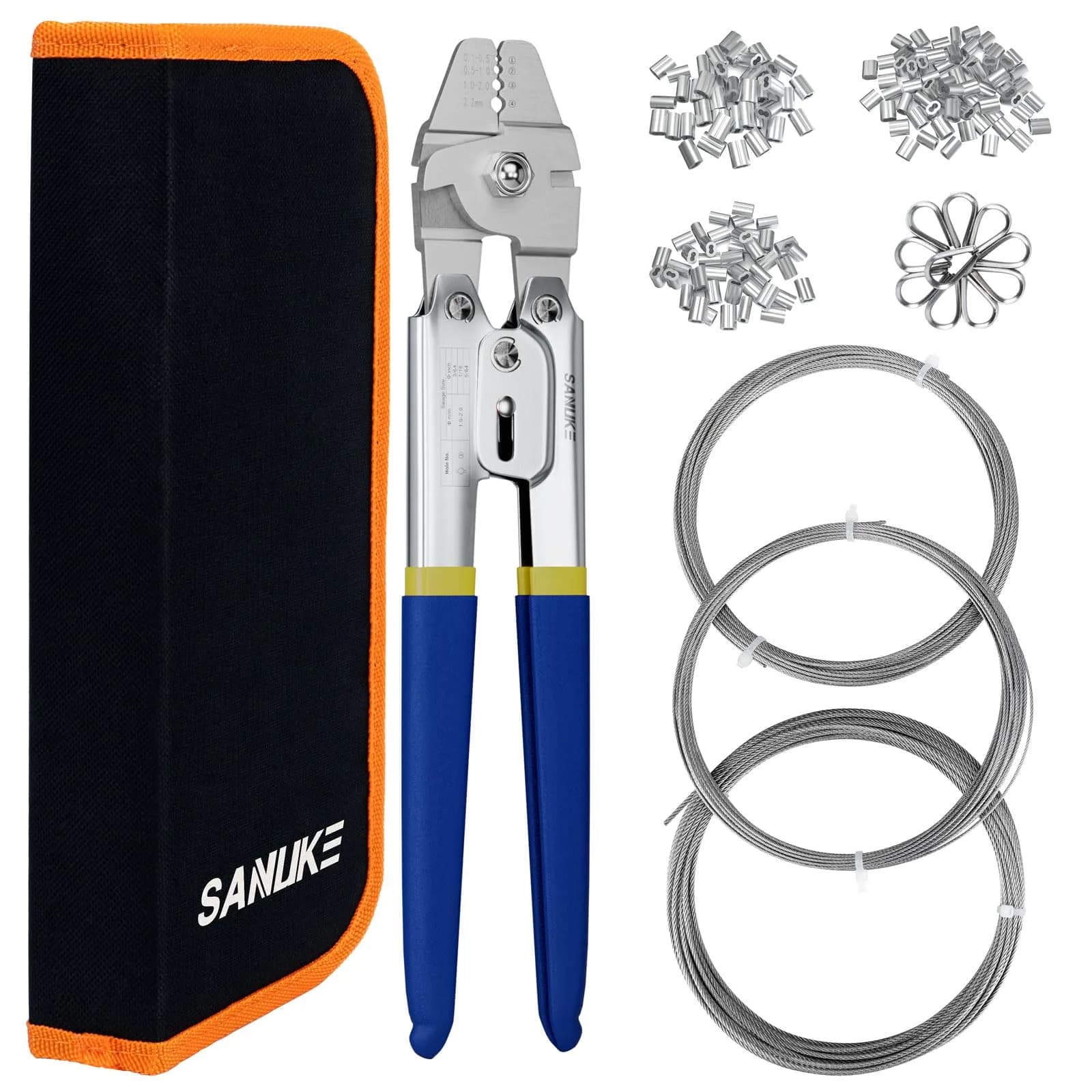 Sanuke Wire Rope Crimping Kit with 160pcs Ferrule Sleeves & 10pcs Steel Thimbles | 2.2mm Cable Swaging Tool — Wire Rope Crimper Kit