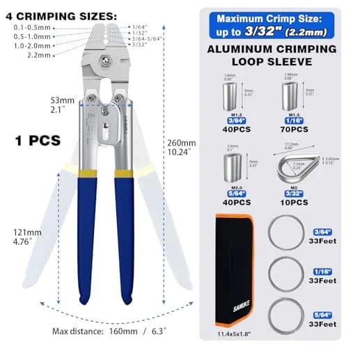 Sanuke Wire Rope Crimping Tool Kit with 150Pcs Crimp Sleeves & 10 Thimbles | Heavy Duty Stainless Steel Swager thumbnail 2