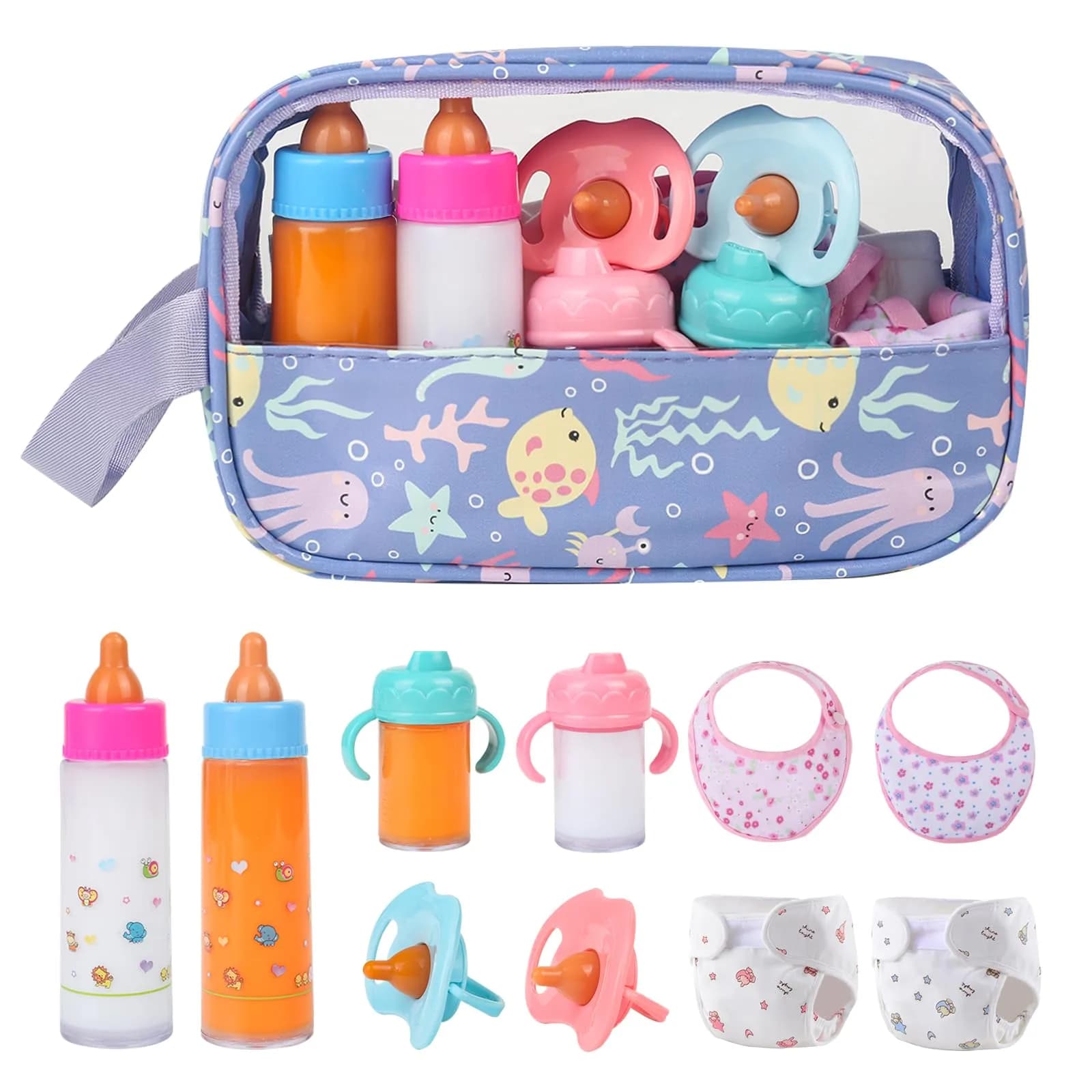 CARANOVO Baby Doll Feeding & Caring Set, 7-Piece Kit for 10-17 Inch Dolls, Pink — purple bag-bigger diapers