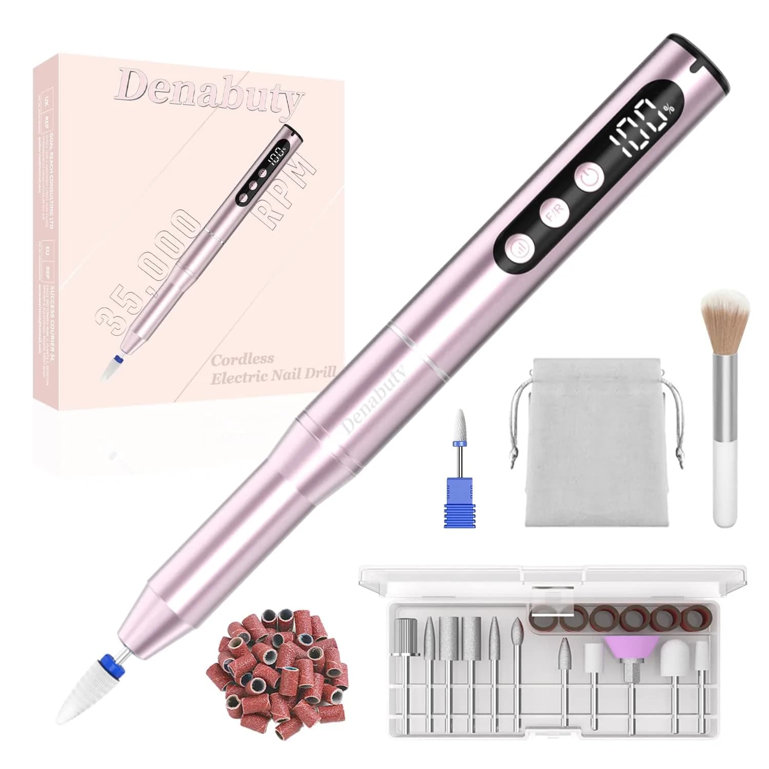 Denabuty Cordless Electric Nail Drill 35000RPM | Professional Manicure & Pedicure Kit with LCD Display — Pink