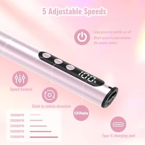 Denabuty Electric Nail Drill Cordless 35000RPM Pink | Professional Manicure & Pedicure Kit with LCD Display thumbnail 5