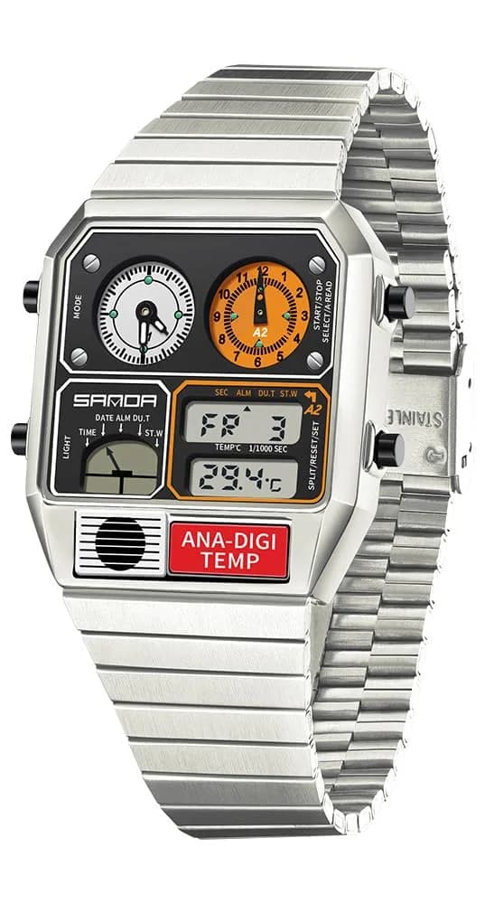 MASTOP Retro Square Analog-Digital Watch with Temperature Display 37mm Case | 50M Waterproof Multifunction Watch — Silver White