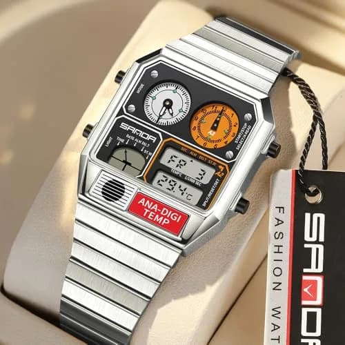 MASTOP Retro Square Digital Watch with Temperature Display 37mm (Silver White) | Analog-Digital Multifunction Watch thumbnail 4