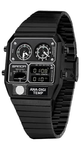 MASTOP Retro Square Analog-Digital Watch with Temperature Display 3 Time Zones Luminous Backlight 50M Waterproof Alarm Stopwatch Week/Date (All Black) thumbnail 1