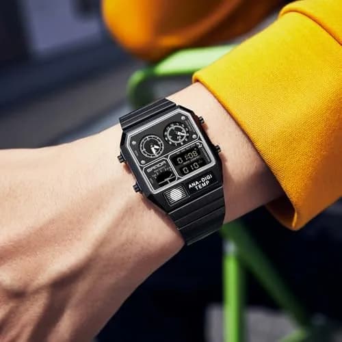 MASTOP Retro Square Analog-Digital Watch with Temperature Display 3 Time Zones Luminous Backlight 50M Waterproof Alarm Stopwatch Week/Date (All Black) thumbnail 6