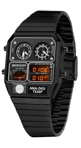 MASTOP Retro Square Analog-Digital Watch with Temperature Display 3 Time Zones Luminous Backlight 50M Waterproof Alarm Stopwatch Week/Date (All Black) thumbnail 7