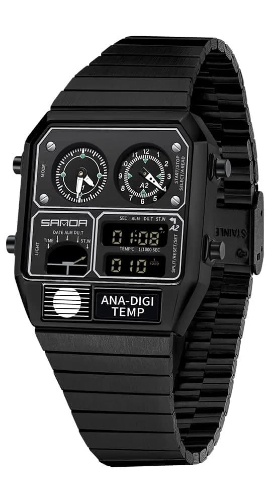 MASTOP Retro Square Analog-Digital Watch with Temperature Display 37mm Case | 50M Waterproof Multifunction Watch — All Black