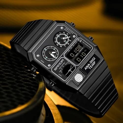 MASTOP Retro Square Analog-Digital Watch with Temperature Display 3 Time Zones Luminous Backlight 50M Waterproof Alarm Stopwatch Week/Date (All Black) thumbnail 2