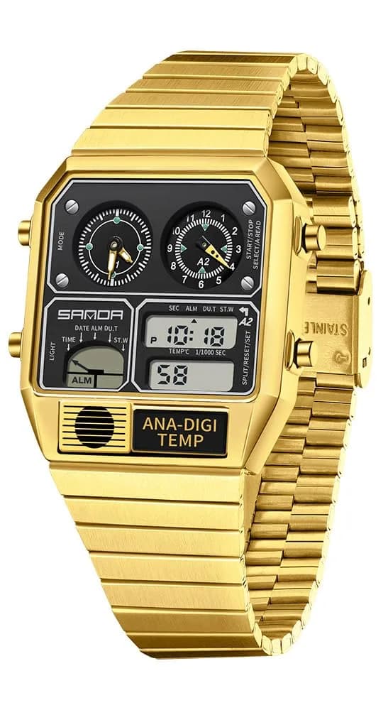 MASTOP Retro Square Analog-Digital Watch with Temperature Display 37mm Case | 50M Waterproof Multifunction Watch — Gold White