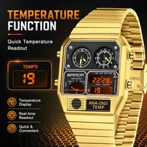 MASTOP Retro Square Digital Watch with Temperature Display 37mm | Analog-Digital Multifunction thumbnail 2